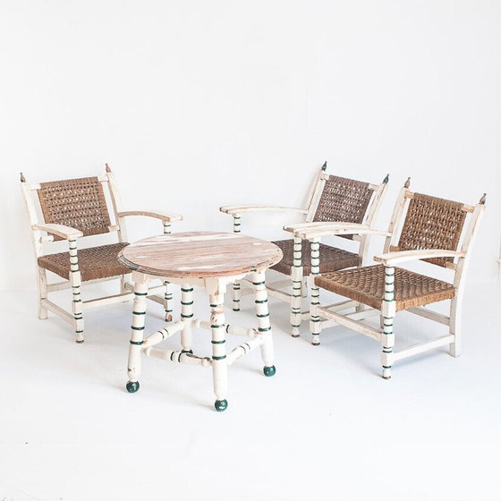 Image 1 of Set van 3 vintage fauteuils van hout en gevlochten touw met een bijpassende tafel, Spanje 1960