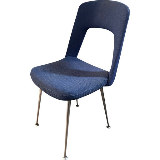 Vintage stoel in blauwe wol en verchroomd metaal, 1970