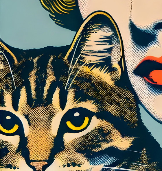 Image 1 of 'Woman & Cat' Popart Op Doek