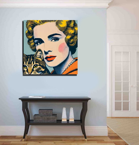 Image 1 of 'Woman & Cat' Popart Op Doek