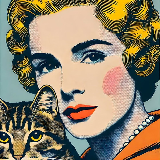 Image 1 of 'Woman & Cat' Popart Op Doek