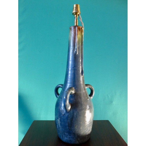 Image 1 of Vintage Art Nouveau steengoed tafellamp met 3 handvatten, Frankrijk 1920