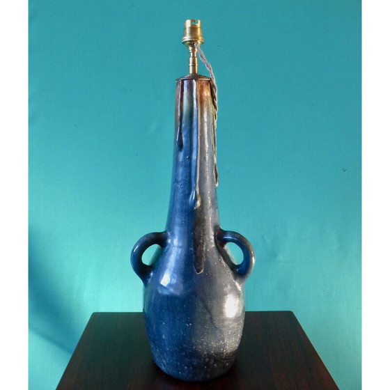 Image 1 of Vintage Art Nouveau steengoed tafellamp met 3 handvatten, Frankrijk 1920