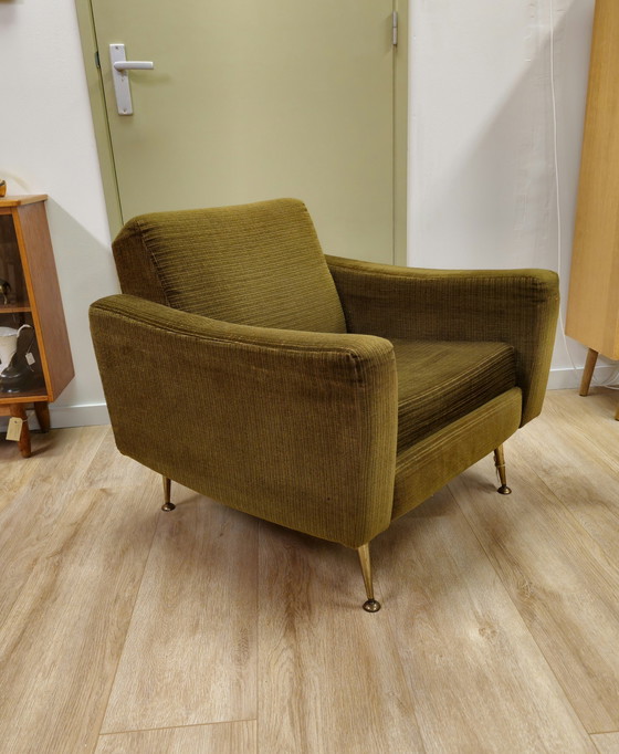 Image 1 of Vintage Fauteuil Stoel Ribstof Groen Messing 