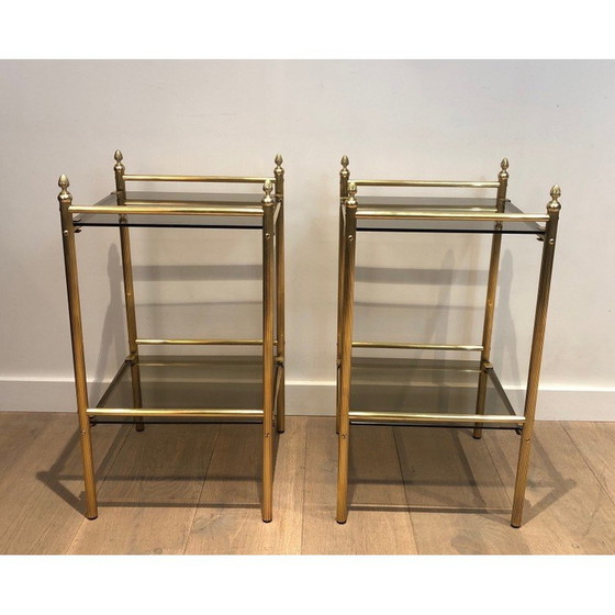 Image 1 of Paar vintage messing en rookglazen bankeinden, 1940