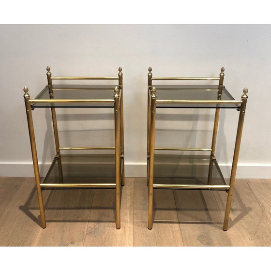 Image 1 of Paar vintage messing en rookglazen bankeinden, 1940