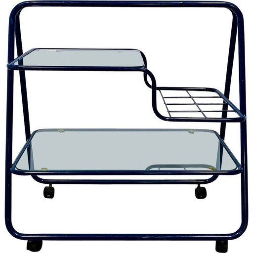 Vintage kobaltblauwe bar trolley met glazen bladen