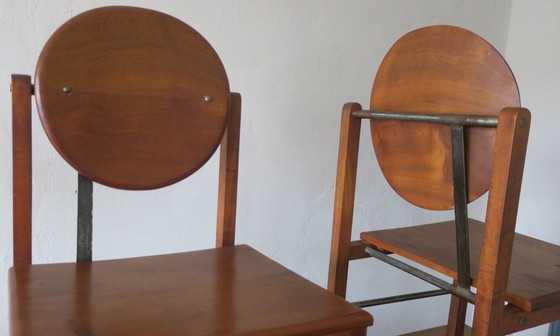 Image 1 of Brutalistische teak en gepatineerd stalen eettafel en 6 stoelen, 1960S