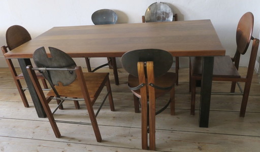 Brutalistische teak en gepatineerd stalen eettafel en 6 stoelen, 1960S