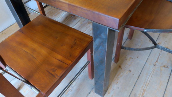 Image 1 of Brutalistische teak en gepatineerd stalen eettafel en 6 stoelen, 1960S