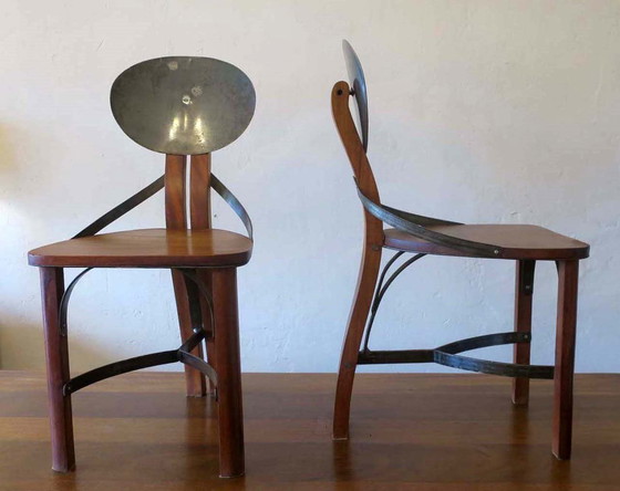 Image 1 of Brutalistische teak en gepatineerd stalen eettafel en 6 stoelen, 1960S