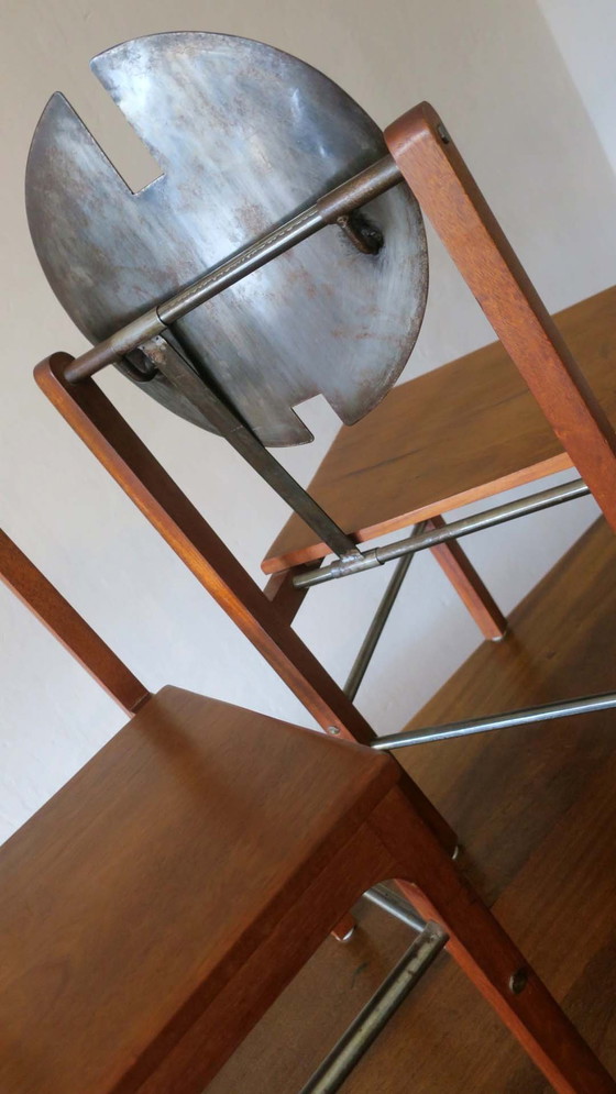 Image 1 of Brutalistische teak en gepatineerd stalen eettafel en 6 stoelen, 1960S