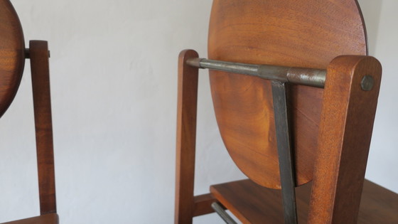 Image 1 of Brutalistische teak en gepatineerd stalen eettafel en 6 stoelen, 1960S