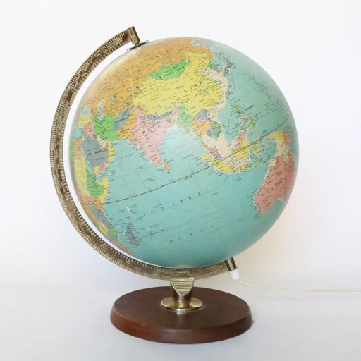 Vintage Deense Wereldbol Scan-Globe Verlicht Houten Voet