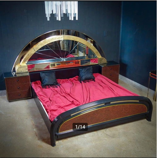 Vintage Bed Met Grote Spiegel – Goud Zwart – Jaren 70