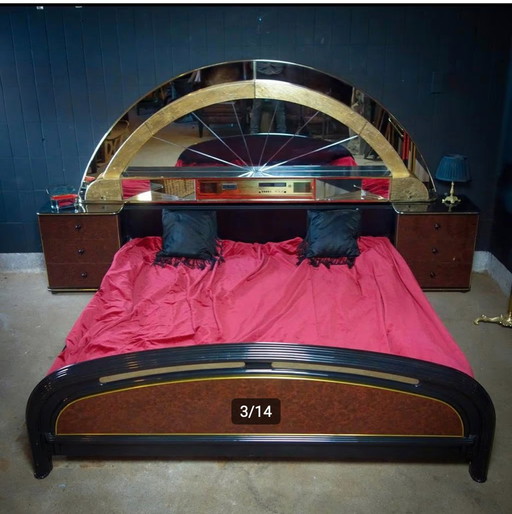 Vintage Bed Met Grote Spiegel – Goud Zwart – Jaren 70