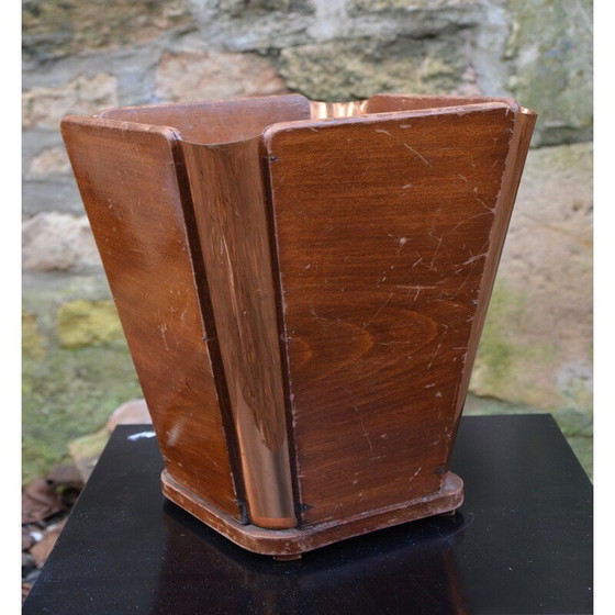 Image 1 of Vintage houten en koperen prullenbak, 1930
