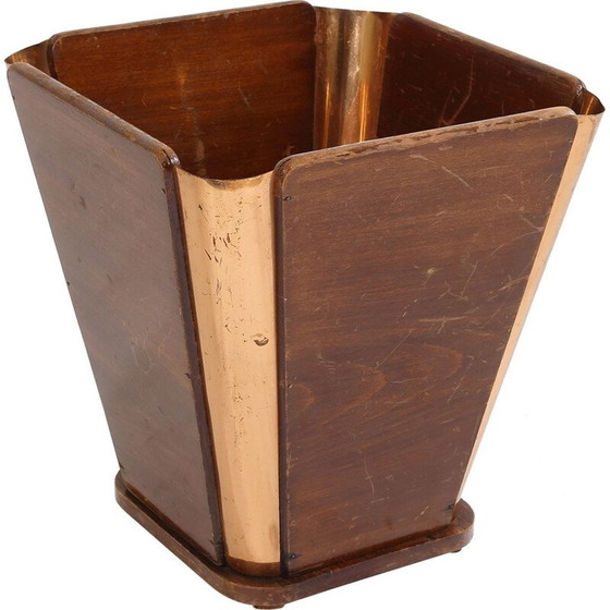 Image 1 of Vintage houten en koperen prullenbak, 1930