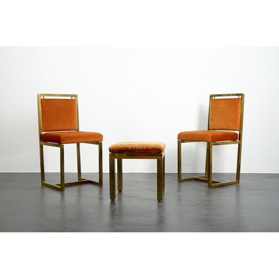 Image 1 of Set van 3 vintage stoelen en poef in oranje fluweel, Frankrijk 1970