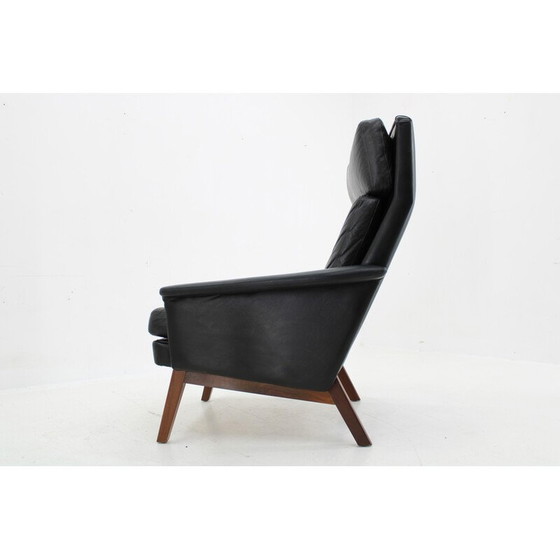 Image 1 of Vintage fauteuil met hoge rugleuning in leer en teak, Denemarken 1970