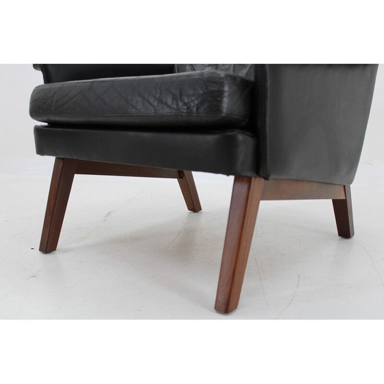 Image 1 of Vintage fauteuil met hoge rugleuning in leer en teak, Denemarken 1970
