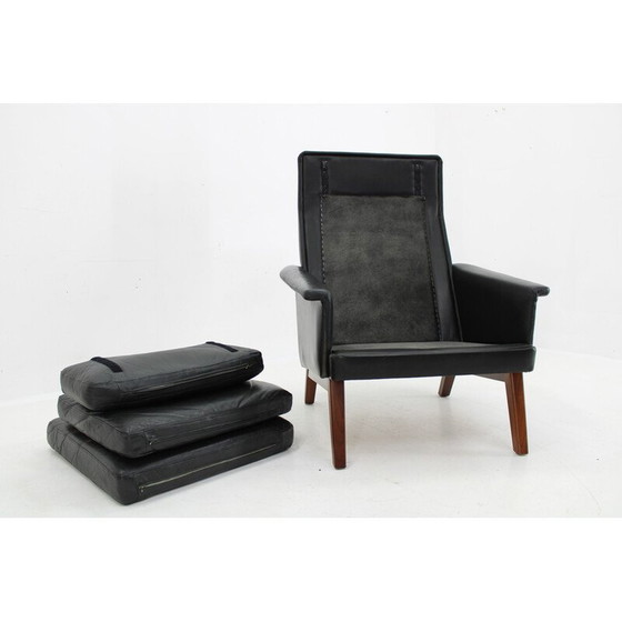 Image 1 of Vintage fauteuil met hoge rugleuning in leer en teak, Denemarken 1970