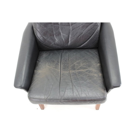 Image 1 of Vintage fauteuil met hoge rugleuning in leer en teak, Denemarken 1970