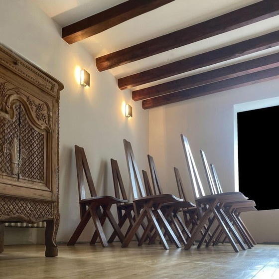 Image 1 of Pierre Chapo Suite van 8 S45 stoelen van massief iepenhout 1970