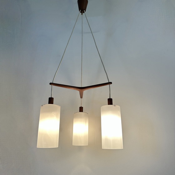 Image 1 of Mid Century Design Hanglamp Teak en Opaline Glas , 1970S