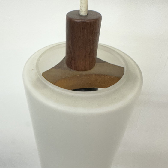 Image 1 of Mid Century Design Hanglamp Teak en Opaline Glas , 1970S