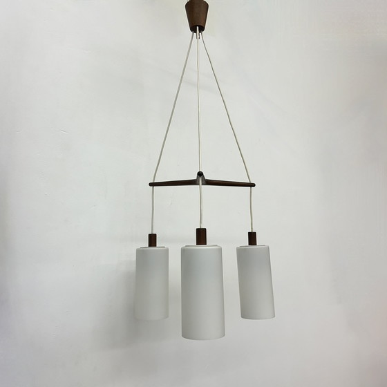 Image 1 of Mid Century Design Hanglamp Teak en Opaline Glas , 1970S