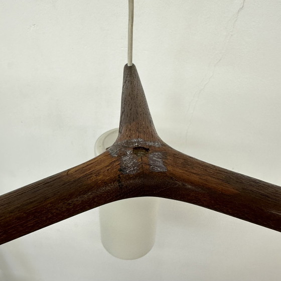 Image 1 of Mid Century Design Hanglamp Teak en Opaline Glas , 1970S