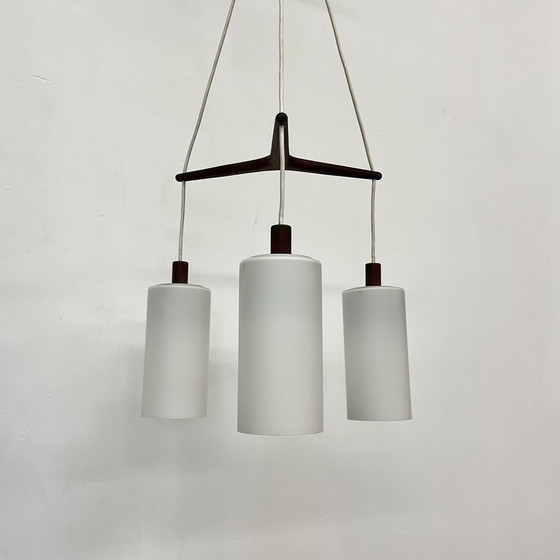 Image 1 of Mid Century Design Hanglamp Teak en Opaline Glas , 1970S