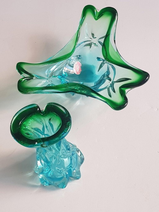 2X Vintage blauw en groen Murano glas vaas en kom