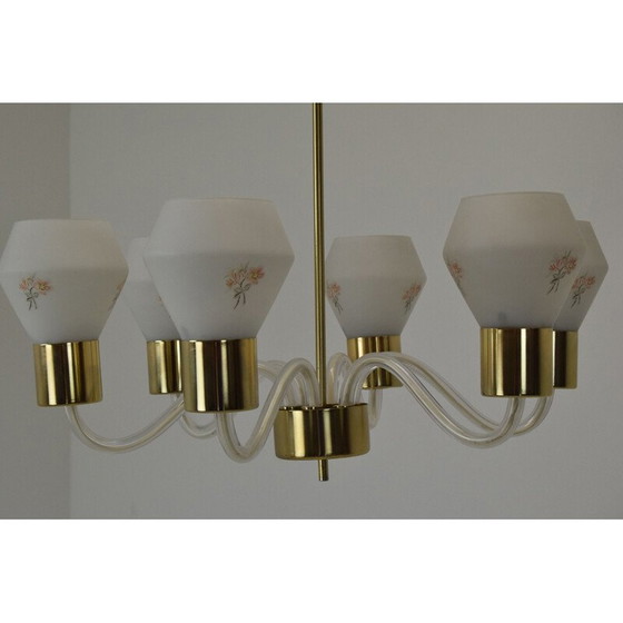 Image 1 of Vintage kroonluchter van glas en messing door Kamenicky Senov, Tsjecho-Slowakije 1960