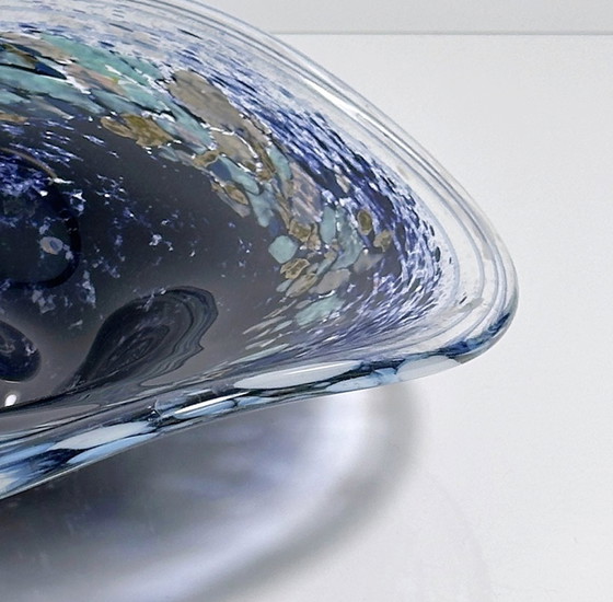 Image 1 of Vintage Boheemse Vaas Kom Fruitschaal 1980 Swirl Glas Blauw Zwaar Cz Ruimtetijdperk Spoetnik Melkweg