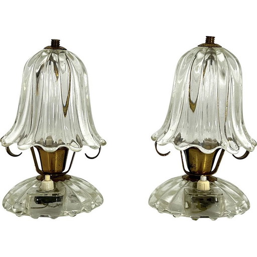 Paar vintage Murano glas en messing tafellampen van Ercole Barovier, 1940