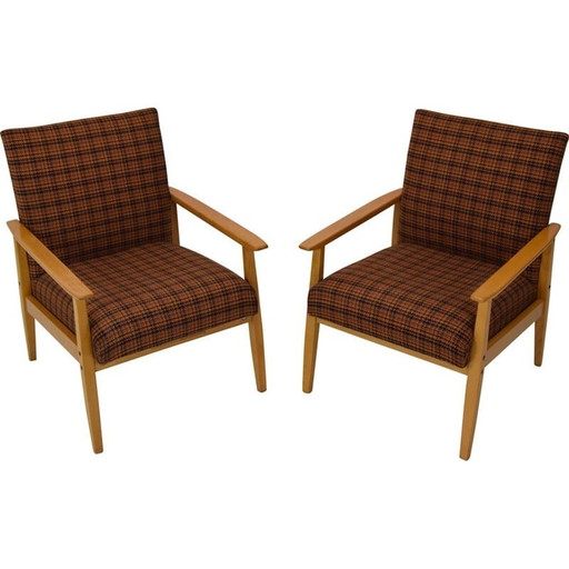 Paar vintage "ton" fauteuils in hout en stof, Tsjechoslowakije 1975