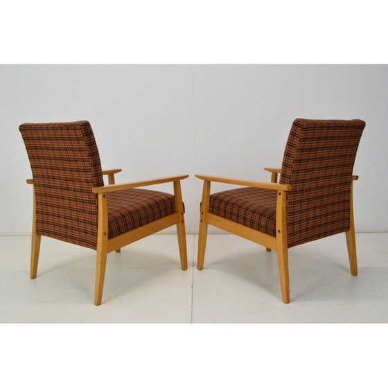 Image 1 of Paar vintage "ton" fauteuils in hout en stof, Tsjechoslowakije 1975
