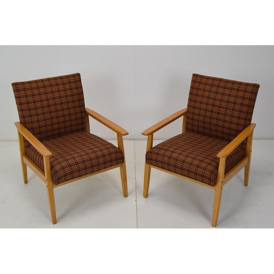 Image 1 of Paar vintage "ton" fauteuils in hout en stof, Tsjechoslowakije 1975