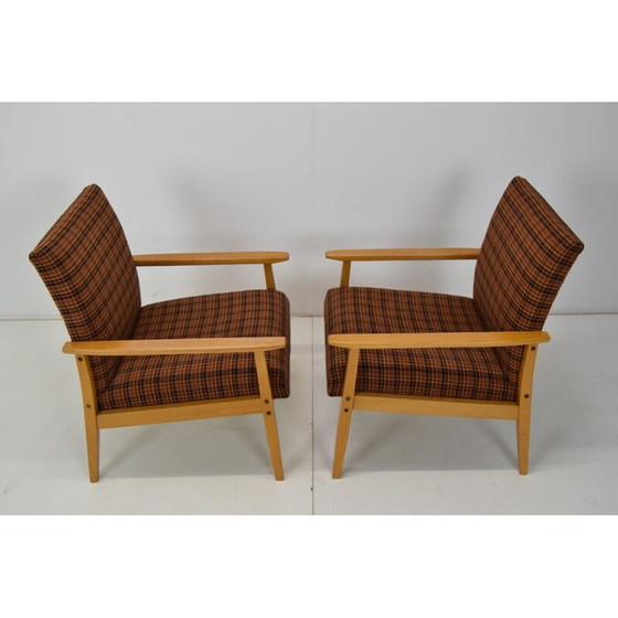 Image 1 of Paar vintage "ton" fauteuils in hout en stof, Tsjechoslowakije 1975