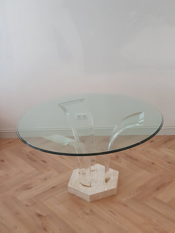 Image 1 of Vintage Lecea Travertin / Plexiglas/ Glazen Eettafel