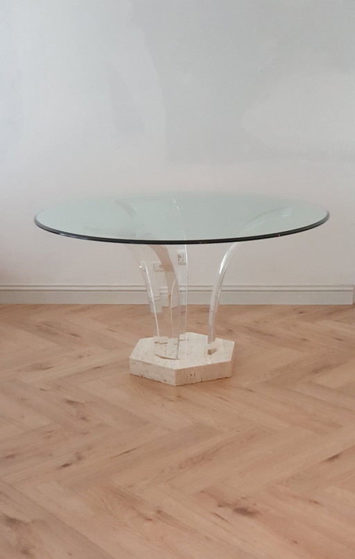 Vintage Lecea Travertin / Plexiglas/ Glazen Eettafel