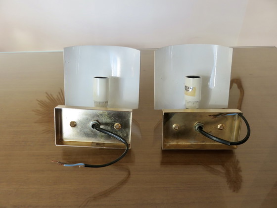 Image 1 of Paar verguld metalen bandeau wandlampen, Frankrijk, 1970