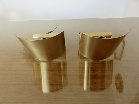 Image 1 of Paar verguld metalen bandeau wandlampen, Frankrijk, 1970
