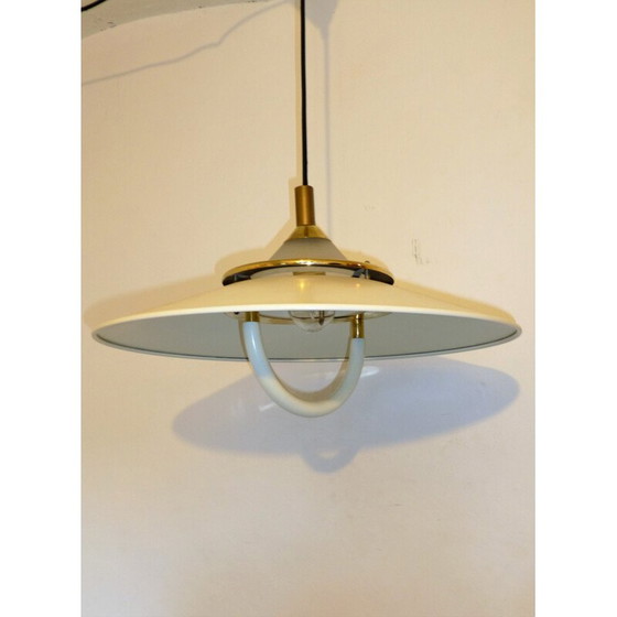 Image 1 of Vintage wit metalen, messing en glazen hanglamp, 1960