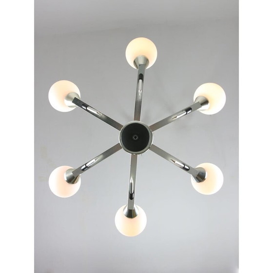 Image 1 of Italiaanse vintage kroonluchter van space-age aluminium en opaline glas