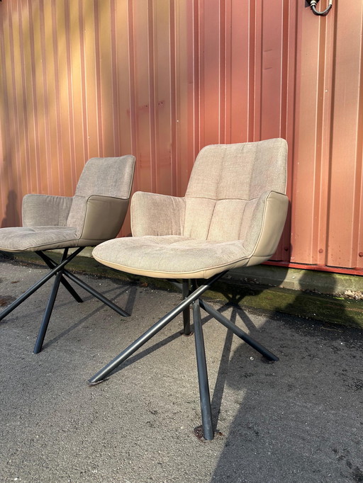 2X Luxe Beige Stoffen & Leren Fauteuils ~ Nieuwprijs €800