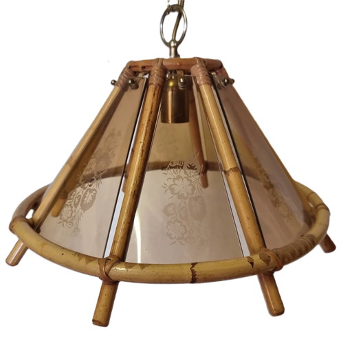 Vintage Bamboe Hanglamp Met Decoratief Glas Uit De Jaren 70