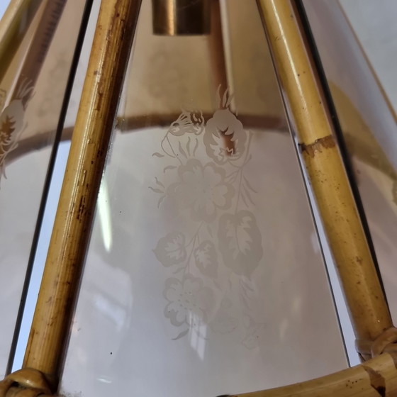 Image 1 of Vintage Bamboe Hanglamp Met Decoratief Glas Uit De Jaren 70